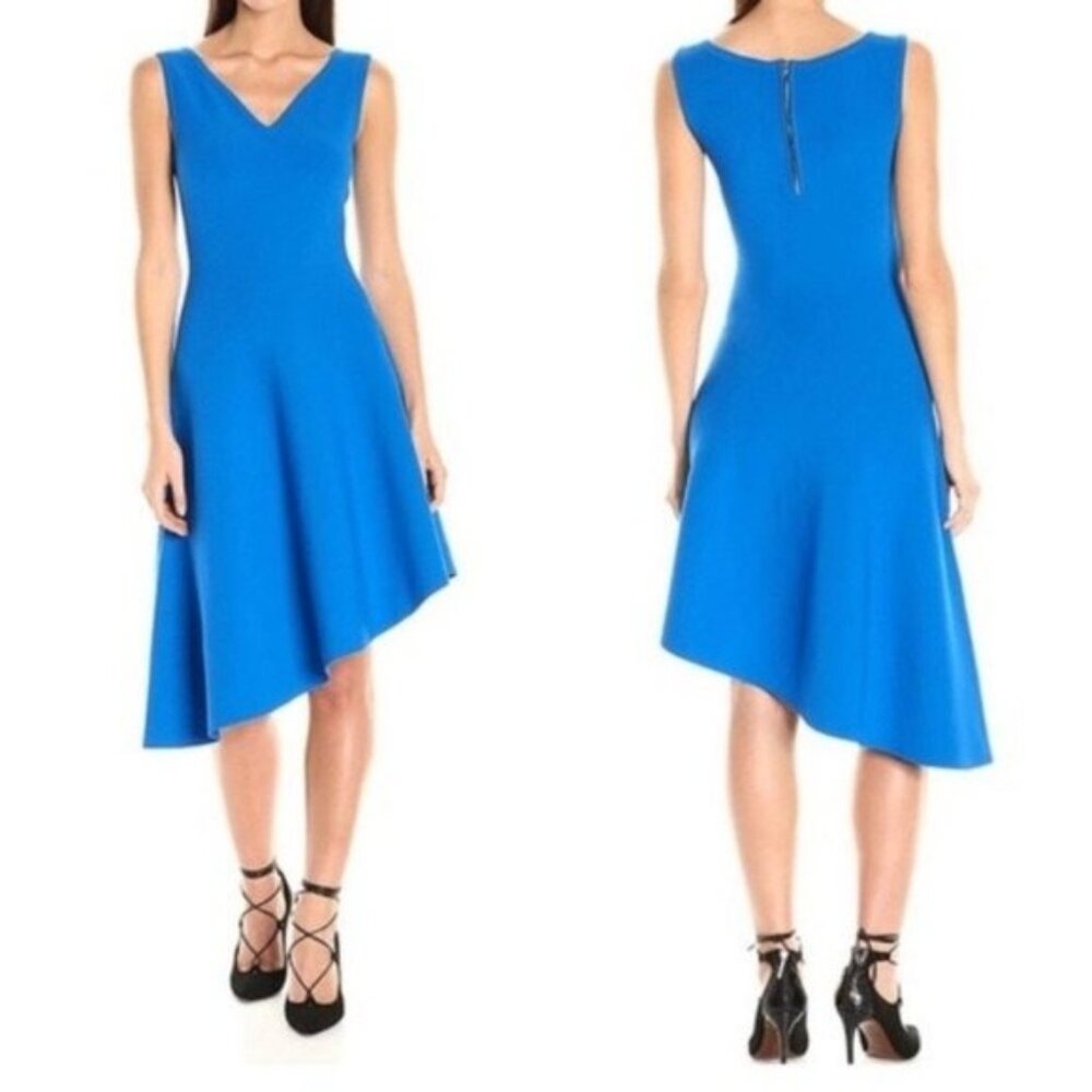 Milly Blue Vneck Midi Dress with Asymmetrical Hem